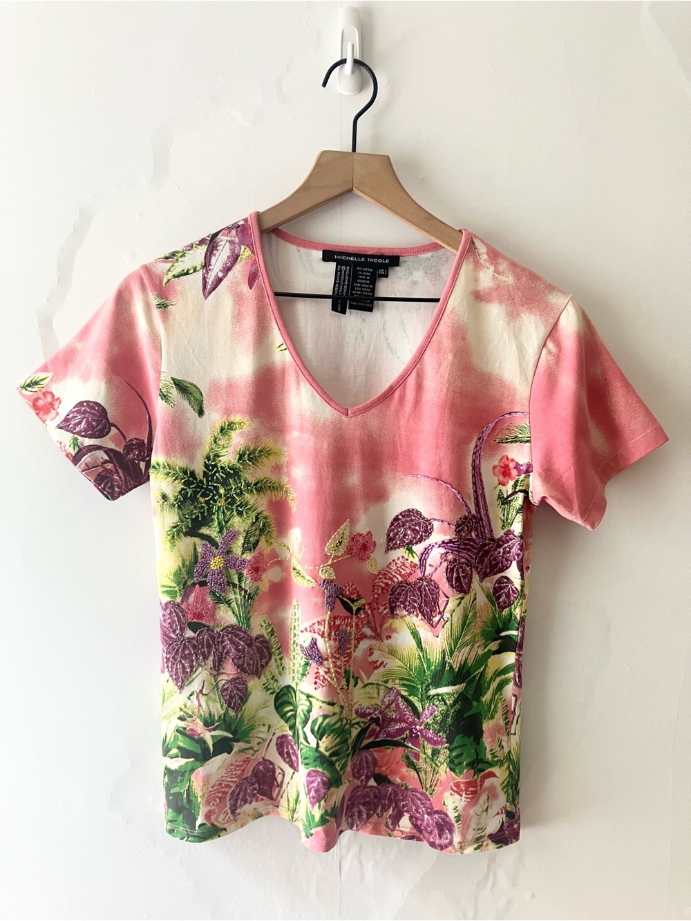 MICHELLE NICOLE Beaded Tropical V-Neck Tee